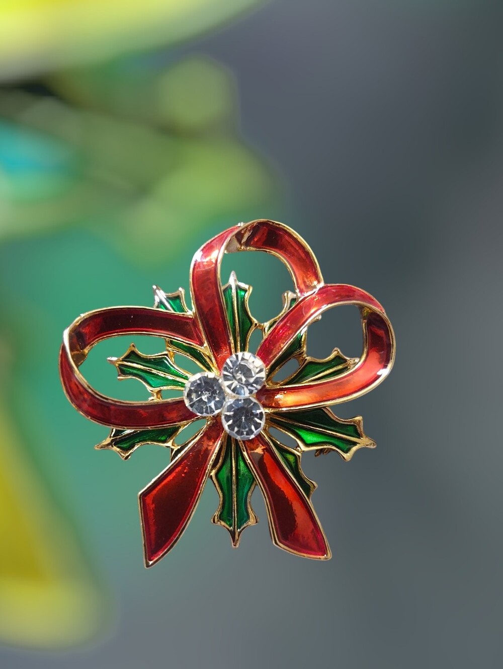 Christmas Ribbon And Holly Brooch